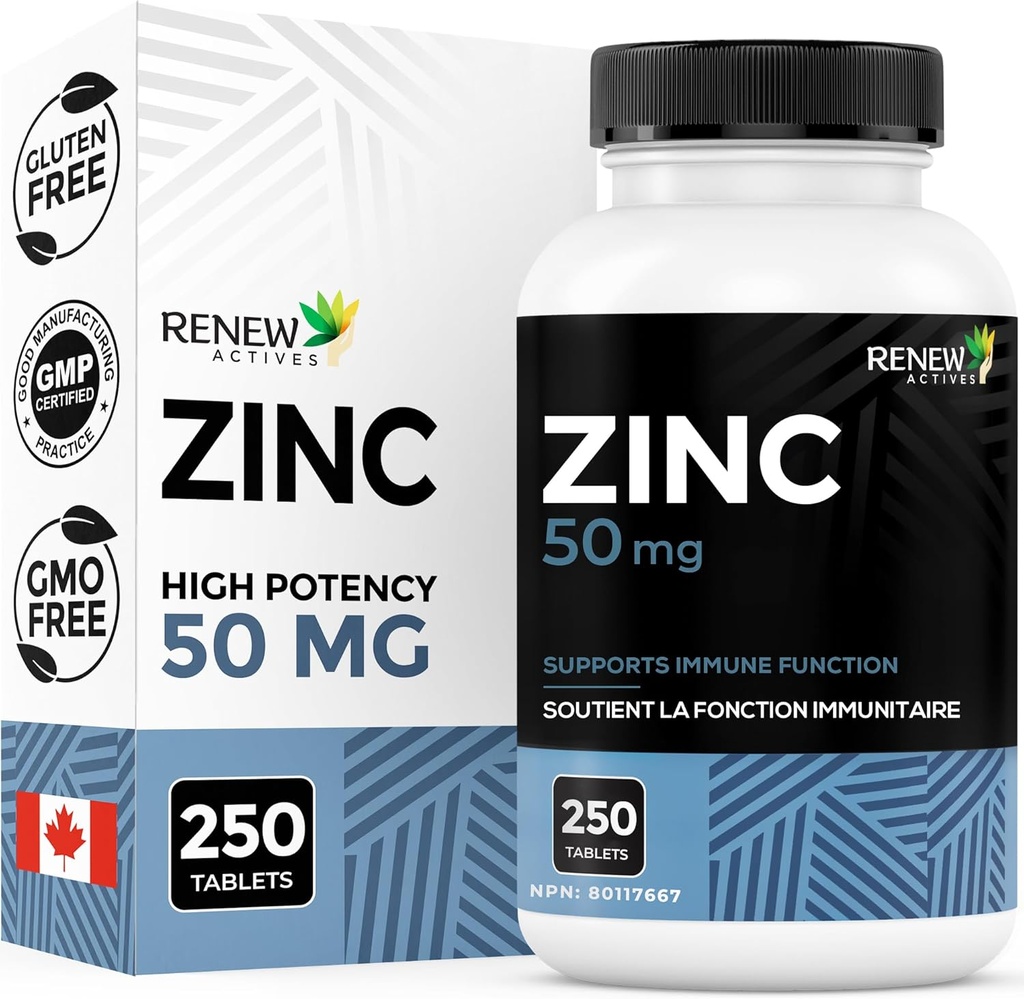 Obnovené léčivé přípravky Zinkové doplňky 50MG per Serving - esenciální pro imunitní zdraví, silné kosti & podporovat zdravé vlasy, nehty & žár kůže pro denní použití - Made in Canada - 250 Tablety