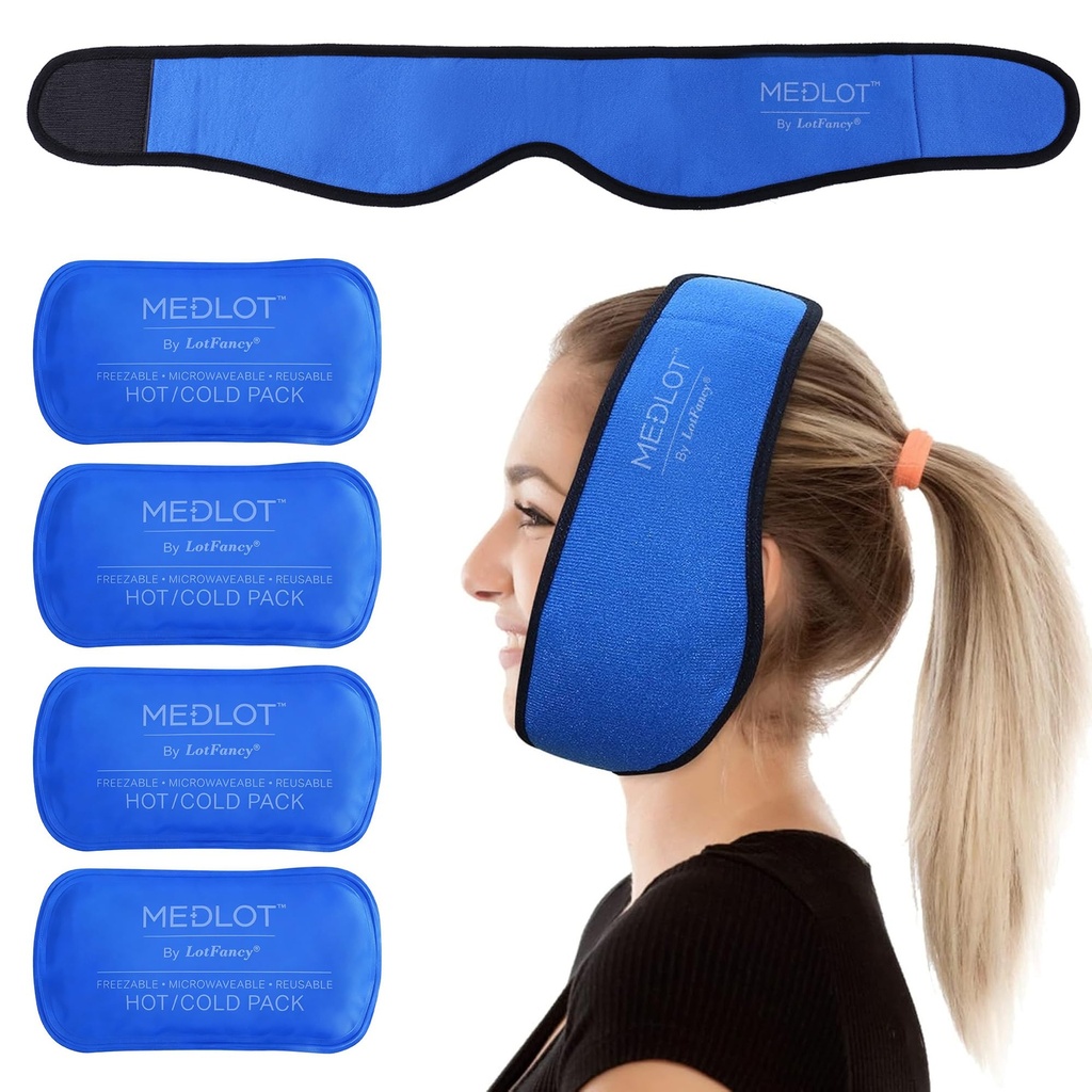 LotFancy Face Ice Pack Wrap for TMJ, Wisdom Teeth, with 4 Reusable Hot Cold Therapy Gel Packs, Pain Relief for Head, Oral and Facial Surgery, Dental Implants, Blue