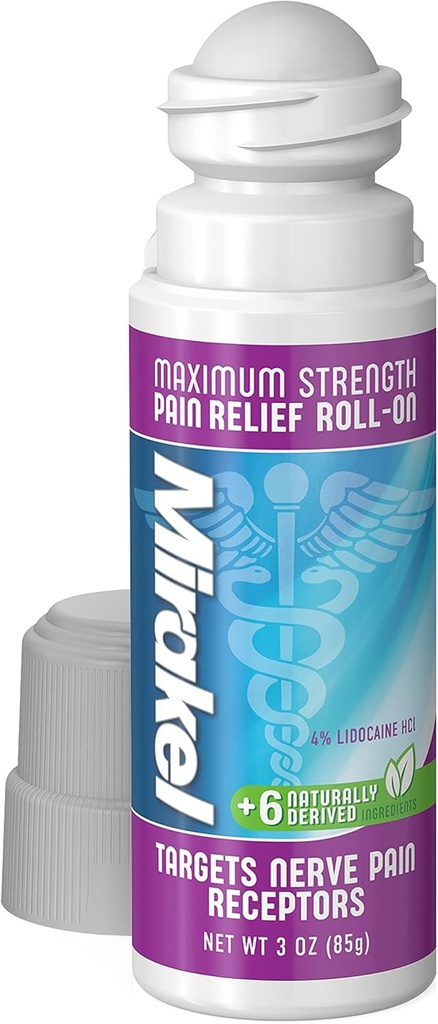 MIRAKEL Nerve Pain Relief Roll- on, Maximální síla Lidokain k úlevě od bolesti v nohou, nohy, prsty, ruce, nohy & paže, 3 oz