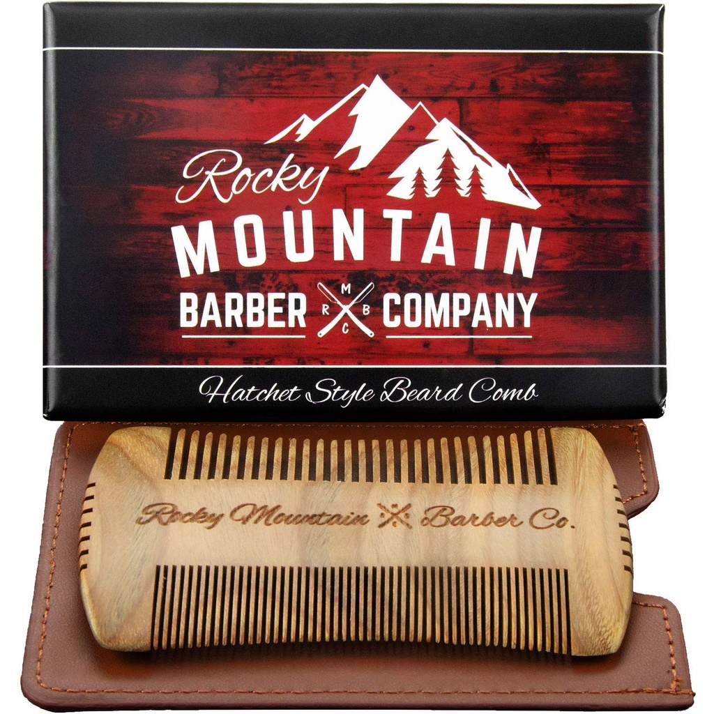 Beard Comb - Sandalwood Natural Hatchet Style for Hair - Anti- Static & No Snag, Handmade Wide & Fine Tooth Contour Brush Best for Beard & Mousch with Carrying Case Pouch