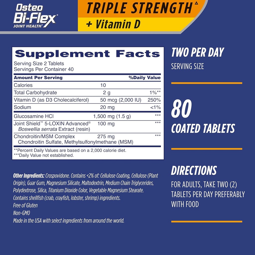 Osteo Bi-Flex Triple Strength (5) s vitaminem D Glucosamine Chondroitin Joint Health Appendix, potahované tablety, 80 Počet (balení po 2)