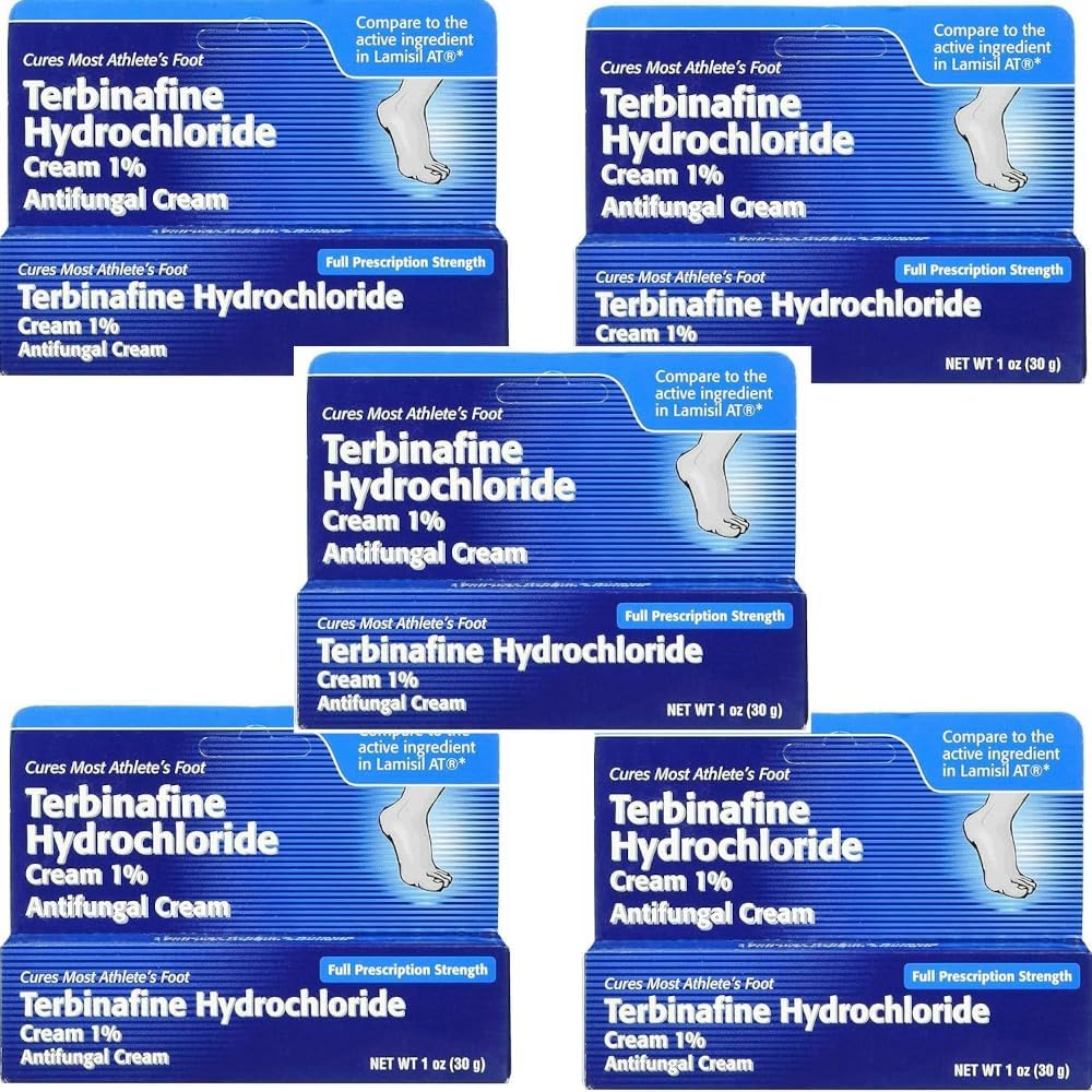 Terbinafin Hydrochlorid 1% na 1 týden Athletova léčba nohou Antifungal Cream Fast Symptom Relief & Prevents Rekurence 1 oz. (30 g) 5 Balení
