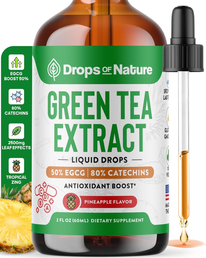 Green Tea 10: 1 Extract 50% EGCG - Green Tea Liquid Drops - Vegan, 4X Výkonnější než pilulky & Kapsle - 2oz Antioxidant & Imunitní dodatek - Kůže, Podpora srdce, Brain Health & Memory Boost