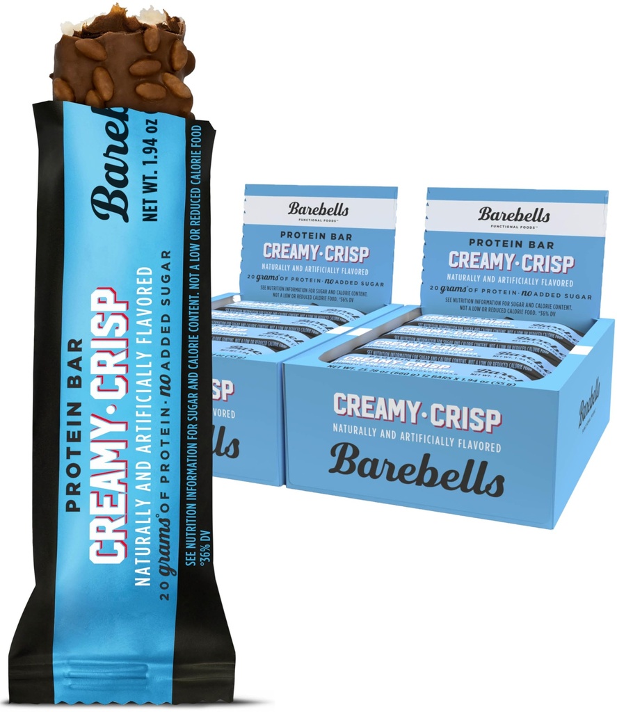 BAREBELLS Protein Bars Creamy Crisp - 12 Počet, Balení 2 - Protein Snacks s 20g Vysokého proteinu - Čokoládový proteinový bar s 1g Total Sugars - Perfektní na Go Protein Snack & Breakfast Bary