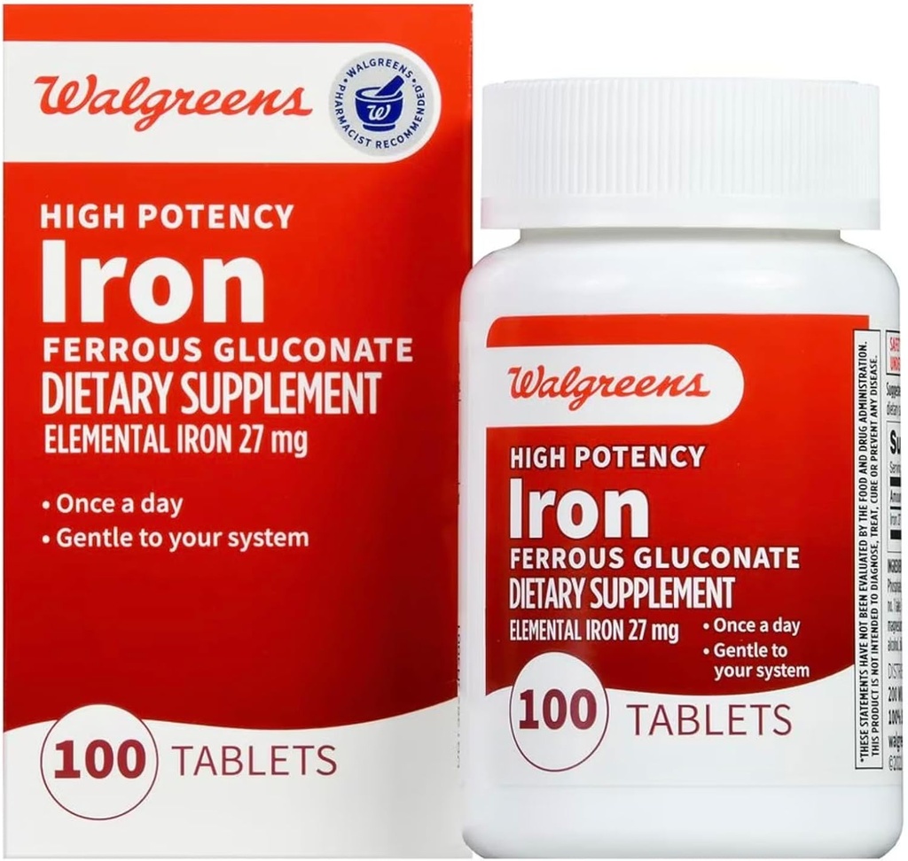 Walgreens High potency Iron Ferrous Gluconate 27mg, tablety 100 ea