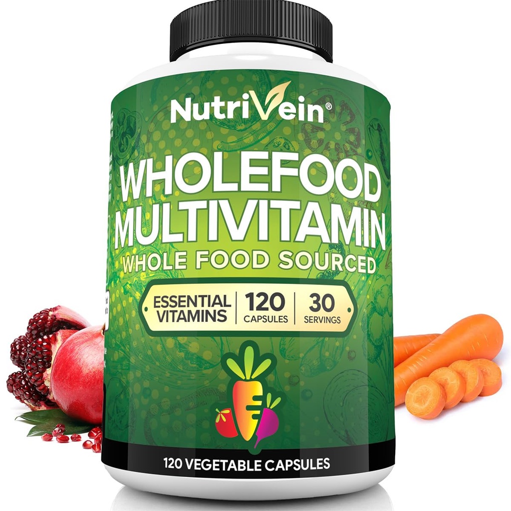 Nutriveral All Food Multivitamin pro muže a ženy - 120 Vegan Multivitamin Caps pro dospělé - Denní energie, imunitní a srdeční podpora - Syrové ovoce a Veggie Blend + B Vitamíny - Neurčeno pro děti