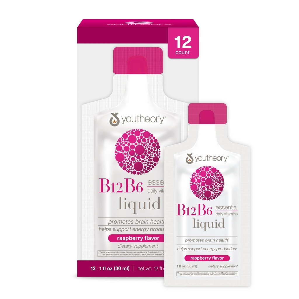 Youtheory Vitamin B12 B6, Denní energie a Brain Supplement, Liquid Raspberry Flavor, 12 - 1oz Single Serving Packets