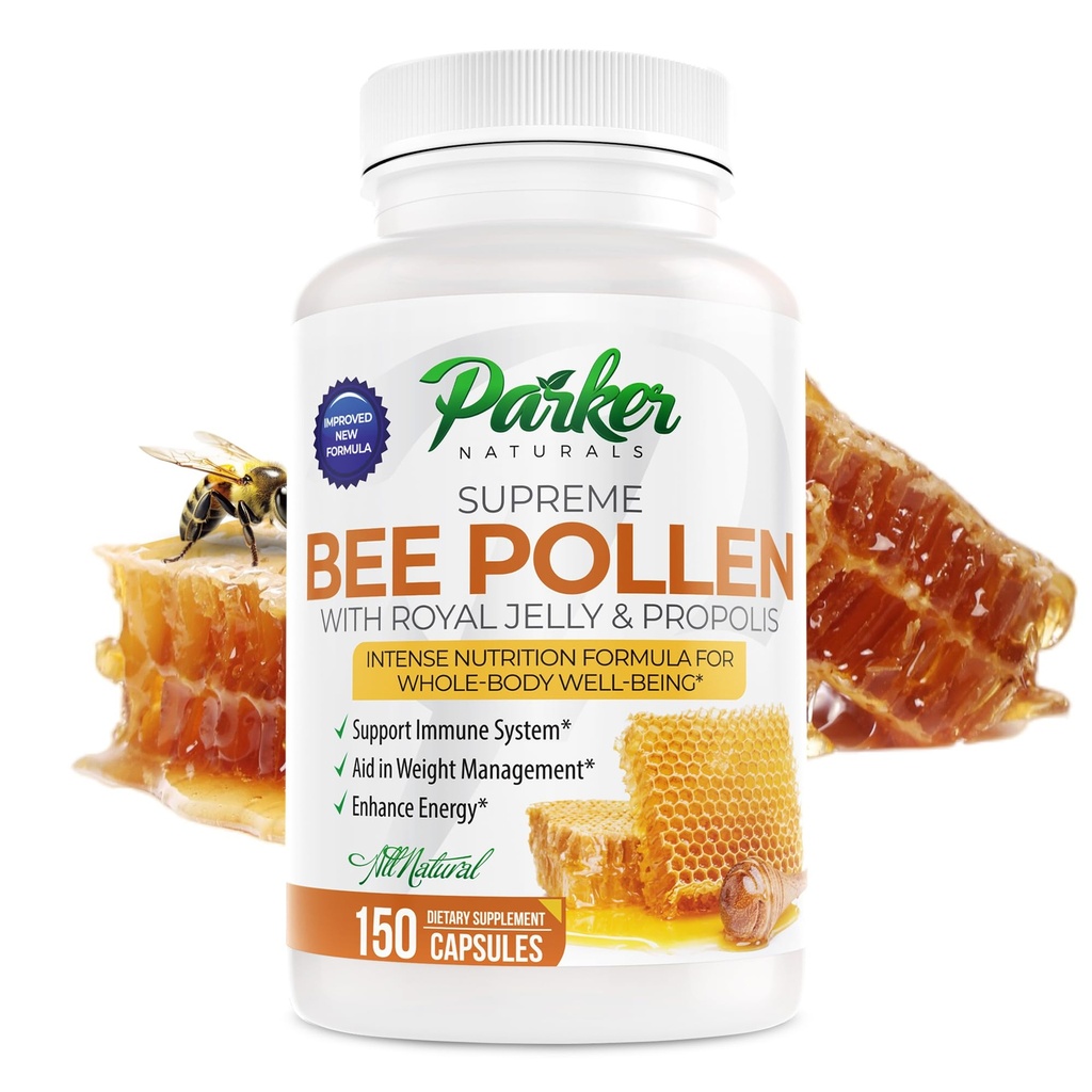 Parker Naturals Supreme Bee Pollen Kapsle, 3520 mg Royal Jelly, Bee Pollen, a Bee Propolis Kapsle, Natural Bee Pollen dodatek pro dospělé, 150 Kapsle