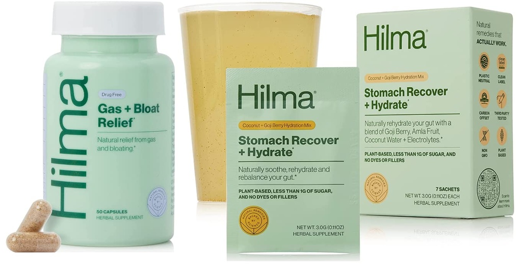 Hilma Natural Gas & Bloating Relief and Stomach Recover + Hydrate - Organic Electrolyte Powder with Prebiotics and Gastroprotecting Herbs Bundle