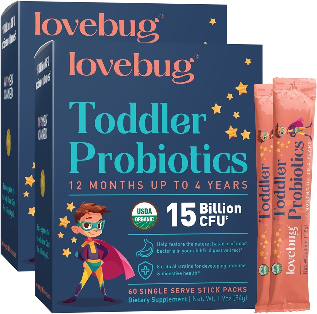 LOVEBUG Dětský Probiotický prášek s prebiotickým vláknem - Podpora odolnosti a zácpa - USDA Organic Probiotics for Children Gut & Digestive Health (Ages 1-4) - 60 Pack (Unaromatised)