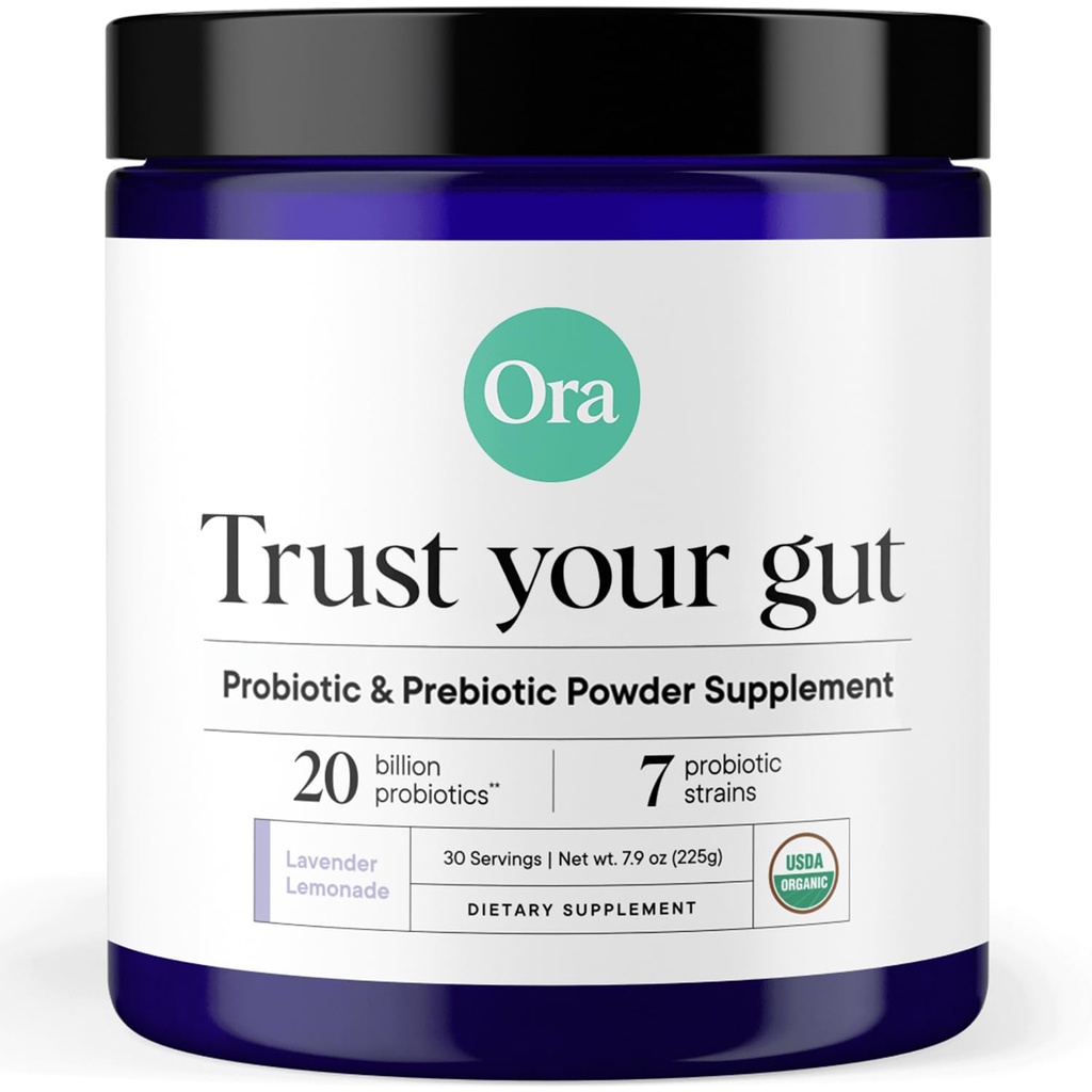 Ora Organic Prebiotic and Probiotic Powder Supplement - 20 miliard Probiotika, 7 Strains for Best Prebiotic Powder, Non- GMO, Probiotika pro ženy, muži a děti - Levander Lemonade Flavor, 30 Servings