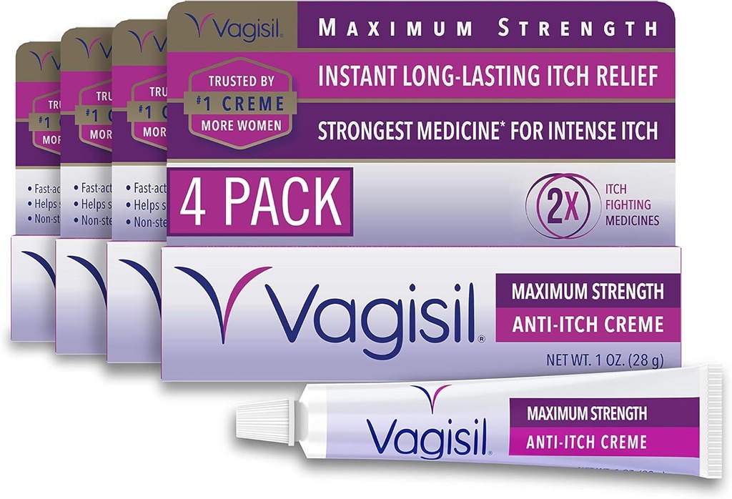 Vagisil Maximální síla feminin Anti- itch krém s benzokainem pro ženy, pomáhá zmírnit podráždění kvasinkové infekce, Gynekolog Testováno, Fast- acting, klid a chlazení kůže, 1 oz (balení po 4)