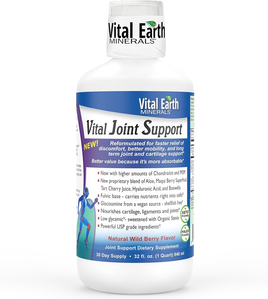 Vital Earth Liquid Joint Supplement - Glucosamine, Chondroitin, MSM Plus Hyaluronic Acid, Boswellia & Fulvic Acid (70 + stopové minerály), 32 Oz + 1 Oz Cup