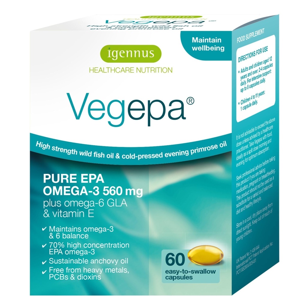 Igennus Vegepa Omega 3 Wild Fish Oil & Evening Primrose Oil Blend, 560 mg EPA Plus GLA, 60 malých Softgels