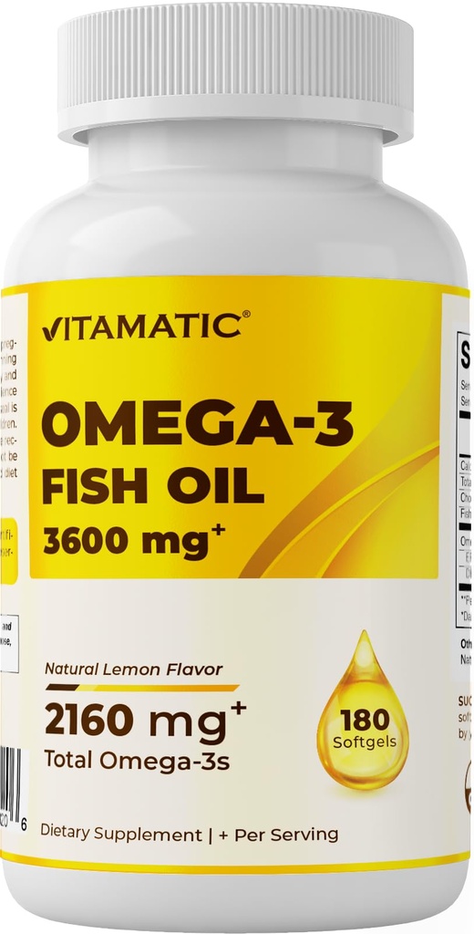 Vitamatic Triple Strength Omega 3 Fish Oil 3600mg Per Serving, 2160mg Omega 3 Fatty Acids, 1296mg EPA + 864mg DHA, Burless Lemon Flavor, 180 Softgels