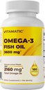 Vitamatic Triple Strength Omega 3 Fish Oil 3600mg Per Serving, 2160mg Omega 3 Fatty Acids, 1296mg EPA + 864mg DHA, Burless Lemon Flavor, 180 Softgels