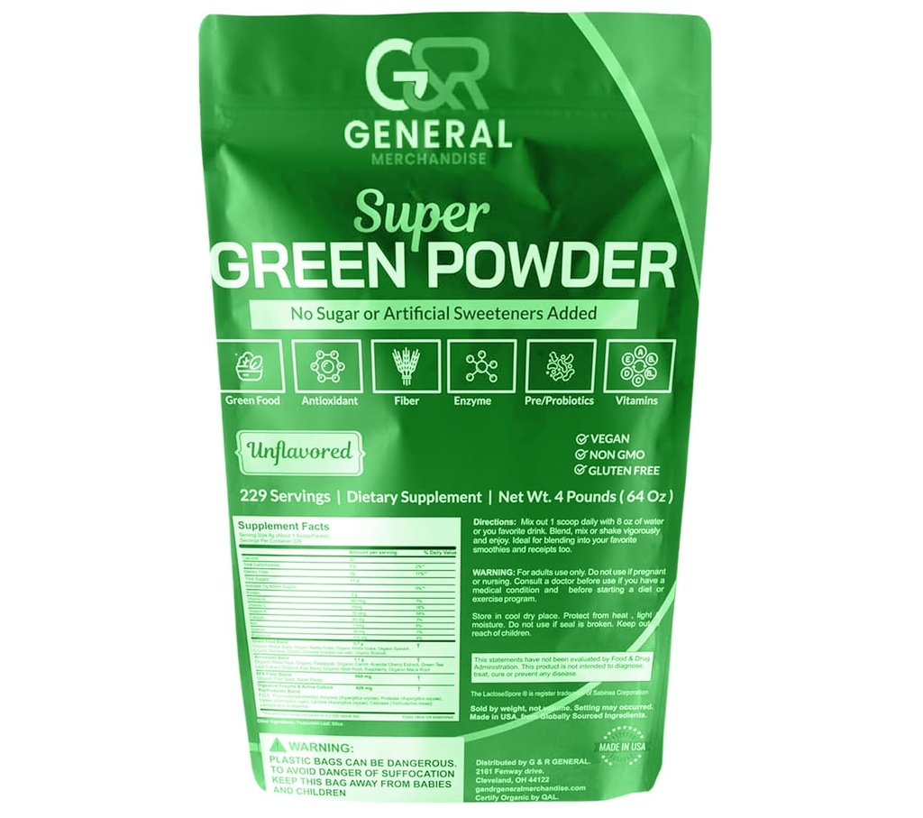 Super Zelenina Powder Superfood Organic, 229 Servings Dědičné Enzymy, Probiotika & Vitamíny Zelenina (Wheatgrass, Spirulina & more), Ovoce, 4 Pounds (64oz).