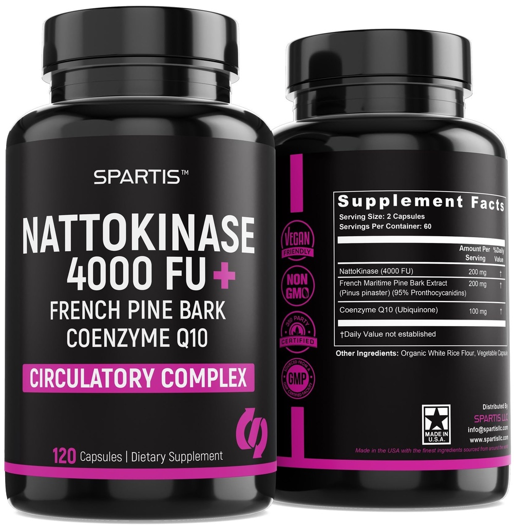 Nattokináza dodatek 4000 FU CoQ10 100mg Francouzský námořní Pine Bark Extract 200mg s enzymy pro cirkulační a kardiovaskulární podporu (Balení 1 při 120- Caps)