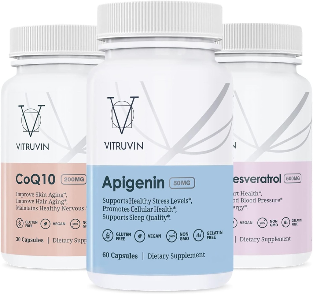 Vitruvin Sport Recovery (Apigenin 2 x 50mg, COQ10 200mg, Resveratrol 500mg) Vegan, Non- GMO, gluten- Free, Gelatin- Free.