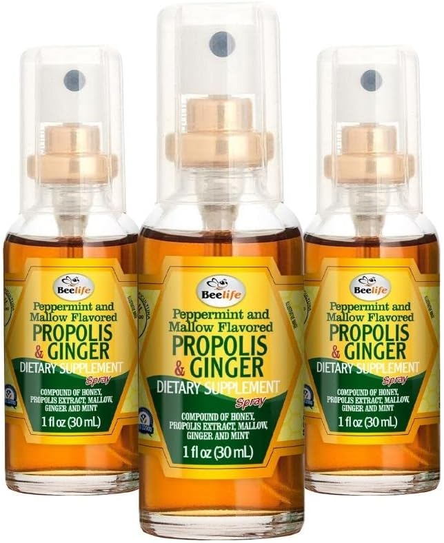Beelife Propolis Krční sprej - Soothing Honey & Ginger Propolis Spray - Přírodní imunitní podpora & Bee Propolis Extract- Antioxidanty, bohaté na flavonoidy & Artepilin, bez cukru, gluten- Free- 3- Pack, 90ml