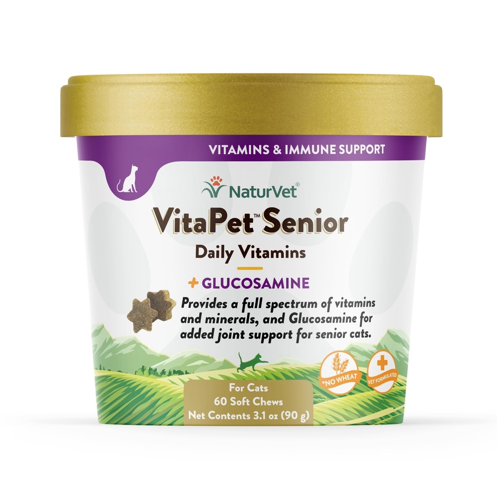 NaturVet VitaPet Senior Daily Vitamíny pro kočky Plus Glucosamine, speciálně přizpůsobené k poskytování esenciální minerály, 90 g, 60 Počet