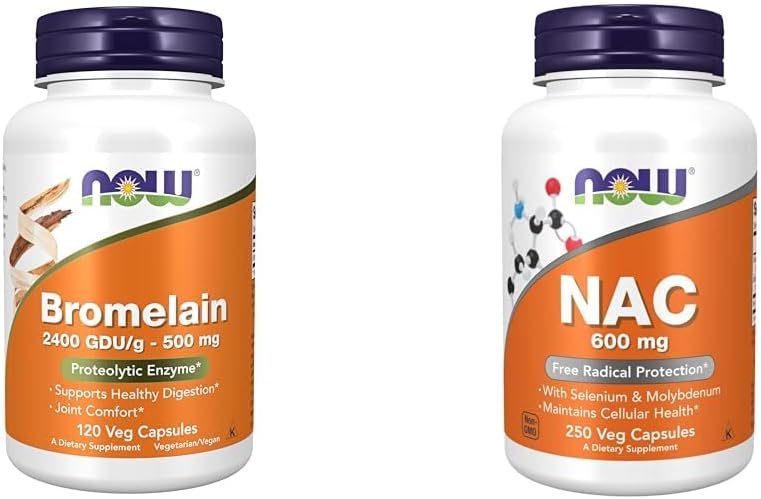 Nyní doplňky, Bromelain 2 400 GDU / g - 500 mg, přírodní proteolytický enzym *, 120 Veg Kapsle & doplňky, NAC 600 mg se Selenium & Molybden, 250 Veg Kapsle