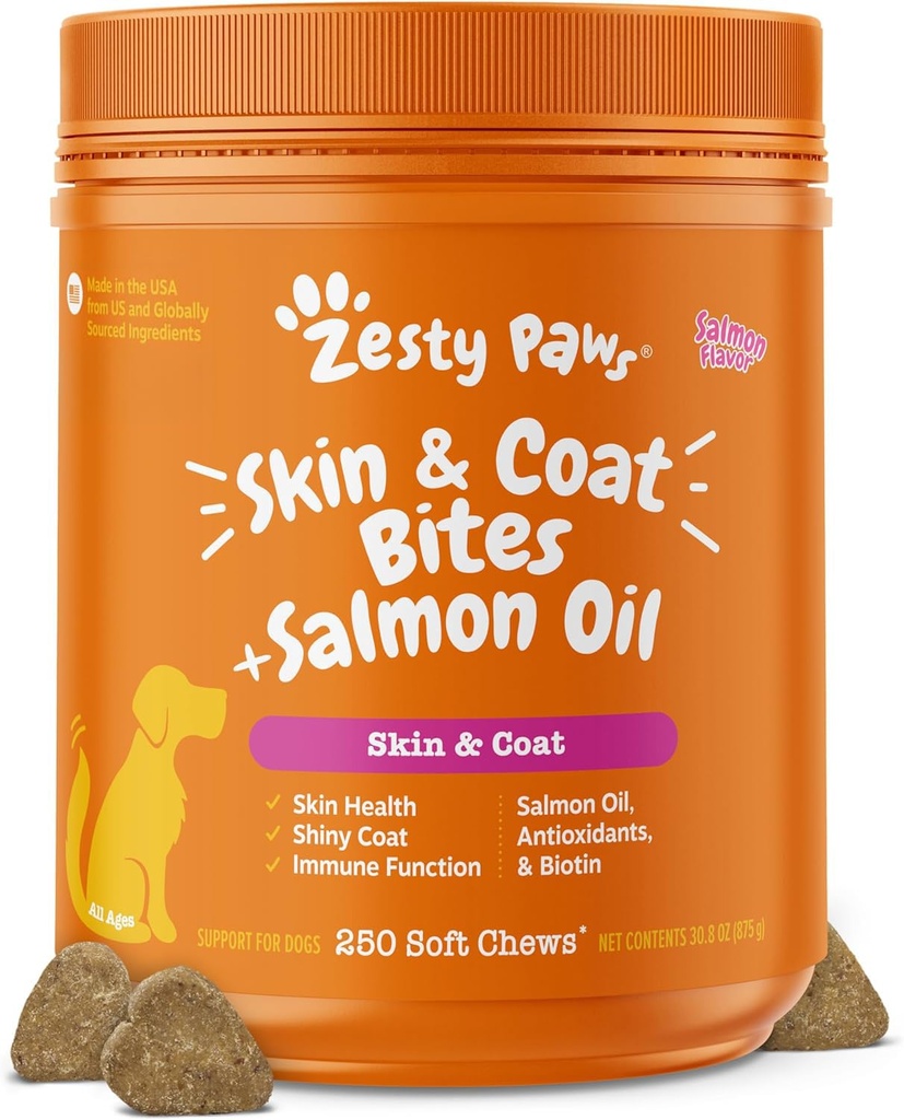 Zesty Paws losos olej pro psy kůže a kabát, Omega 3 Rybí olej Žvýkačky, Psí alergie Relief Chews, Itch Relief dodatek, 250 Počet, Losos Flavor