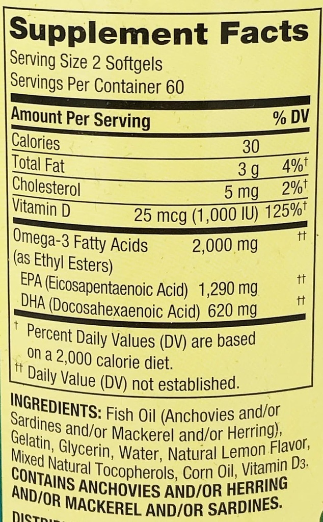 Jarní údolí Omega 3 Rybí olej Maximální péče 2000mg Lemon 120 Softgels