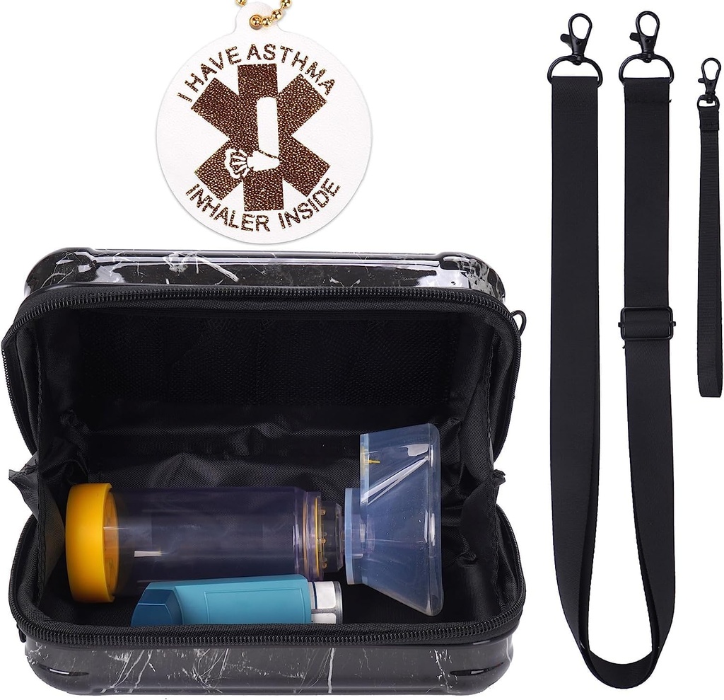 MGZNMTY cestovní pouzdro pro Asthma Inhaler, Inhaler Spacer pro děti a dospělé, Masky, Držák Bag s ramenem Crossbody Rope a Mesh Pocket for Medicine (pouze případ) (Black Marble)
