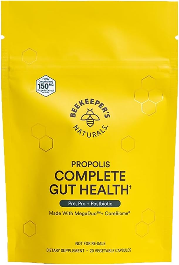 Beekeerovy naturals Kompletní Gut Health, 3-in-1 Prebiotic, Postbiotic, Probiotika pro stravitelné zdraví & Bloating Relief pro ženy & Muži, Propolis Powered, Gluten- Free Vegan Kapsle, 20ct