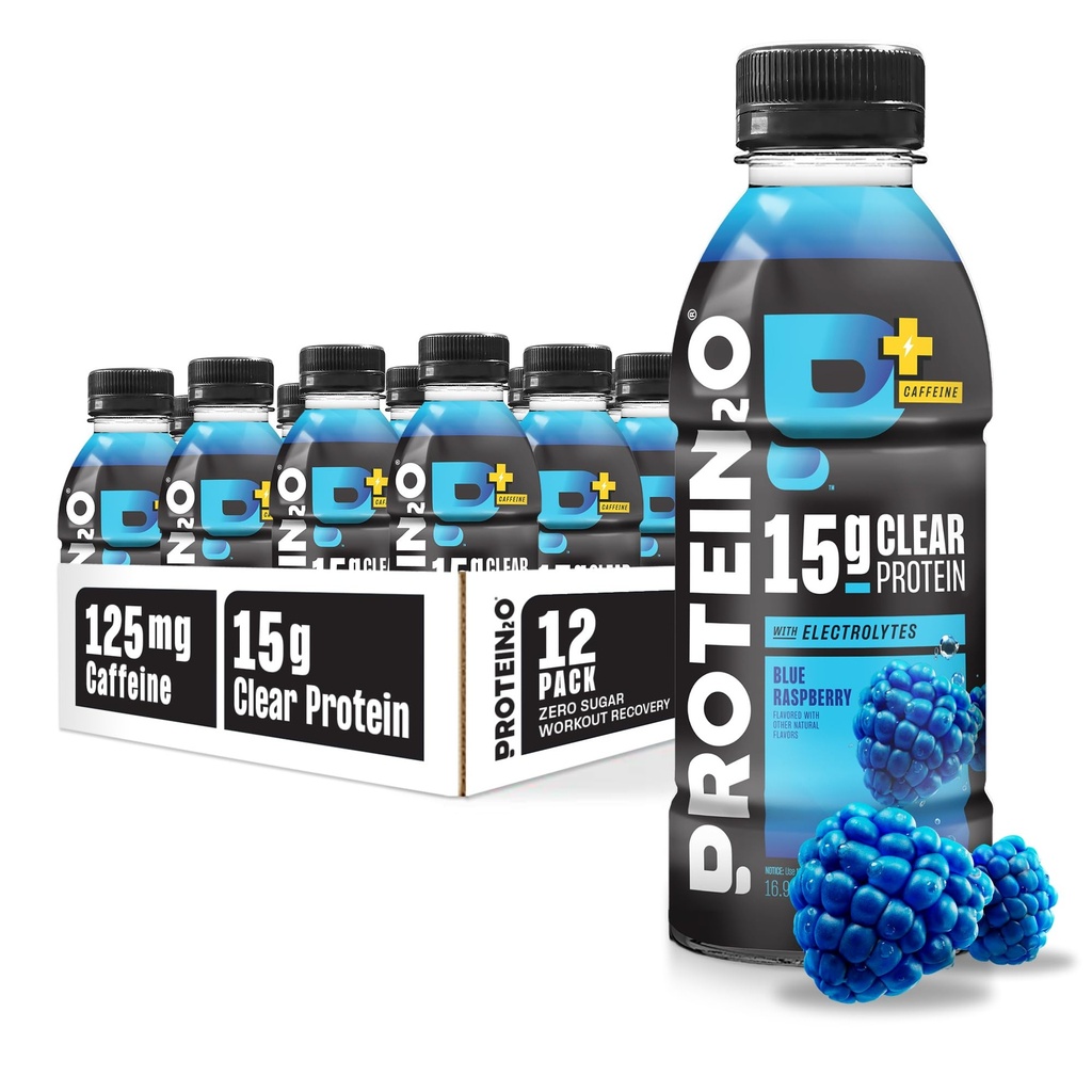 Protein2o 15g Syrovátkový protein izolát Hydratační nápoj Plus Energy & Focus, 350mg elektrolytů, 125mg kofeinu, bez cukru, modré Maliny, 16.9 oz láhev (balení po 12)