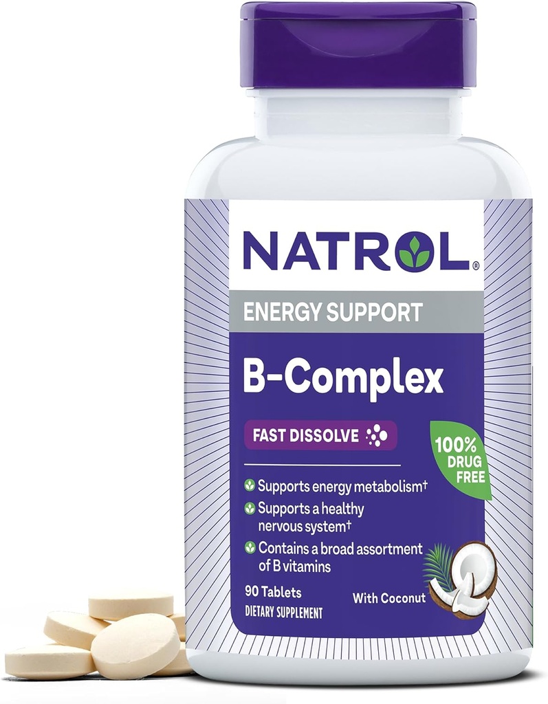 Natrol, B-Complex Fast Disolt Tablety, Doplněk Promotes Energy & Podporuje zdravý nervový systém, 90 Počet