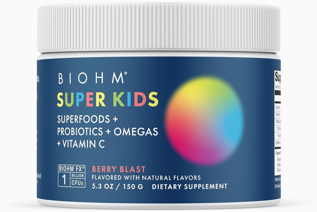 BIOHM Super děti Superfood Powder Plus Probiotika, (5.3 Oz, 30 Servings) Delicious Berry Blast, Antioxidanty, Omega 3 & Vitamin C, Non- GMO, mléčné výrobky zdarma, žádné umělé přísady, Vegetariánské, Ages 4 +