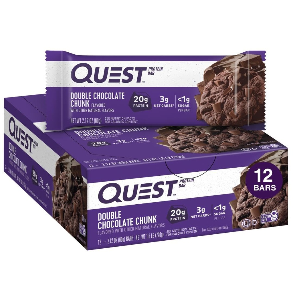 Quest Nutrition Double Chocolate Chunk Protein Bars, 20g Protein Bary, 1g Cukr, 4g Net Carb, Gluten Free, Keto Friendly, 12 Počet
