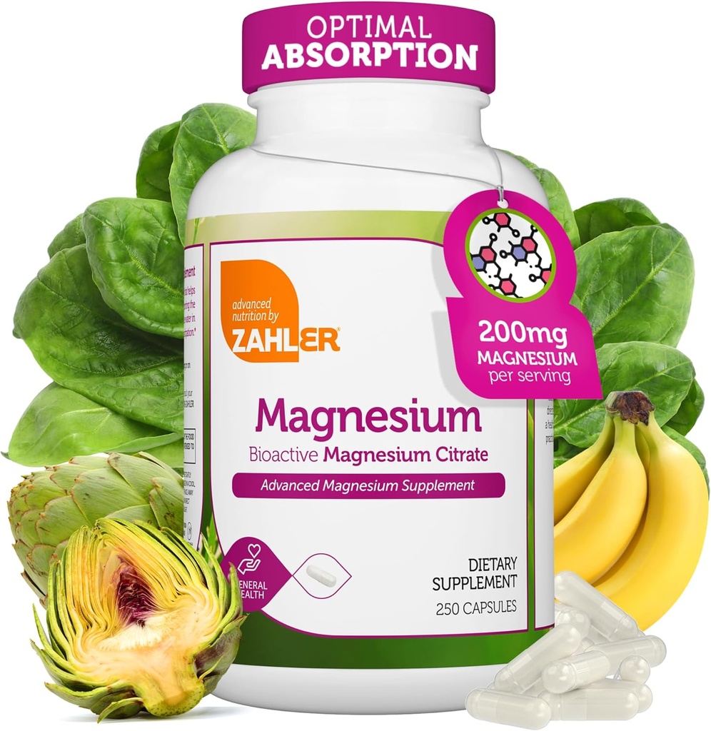 Zahler - doplněk hořčíku Kapsle 200 mg (250 Počet) Certifikované Kosher Bioactive Magnesium Citrát pro Max Absorpce - Přírodní hořčík Mineral pro muže a ženy - Nejlepší hořčík doplňky