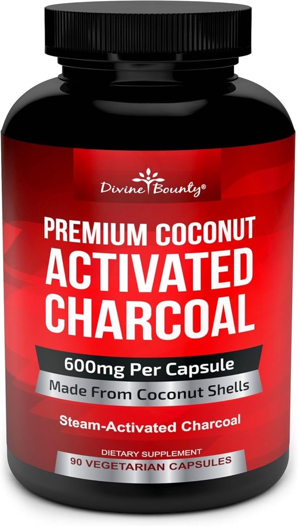 Divine Bounty Organic Activated Charcoal Kapsle - 600mg Coconut Charcoal Pills - 90 Veggie Caps