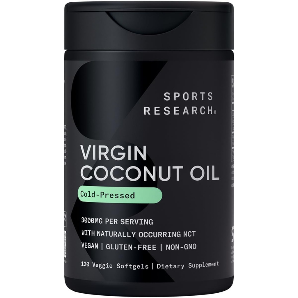 Sports Research ® Organic Coconut Oil Kapsle 3000MG - Cold Pressed Extra Virgin Coconut Oil with Medium Chain Triglycerides (MCTs) - Vegan Friendly & Non- GMO Ověřeno - 120 Softgels