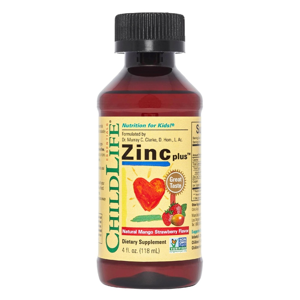 Dětský život ESSENTIALS Liquid Zinek Plus pro děti a batolata - Liquid Supplement Drops, Zinek Gluconate & Copper for Imunitation Support - Mango Jahoda, 4 Fl Oz (balení po 1)