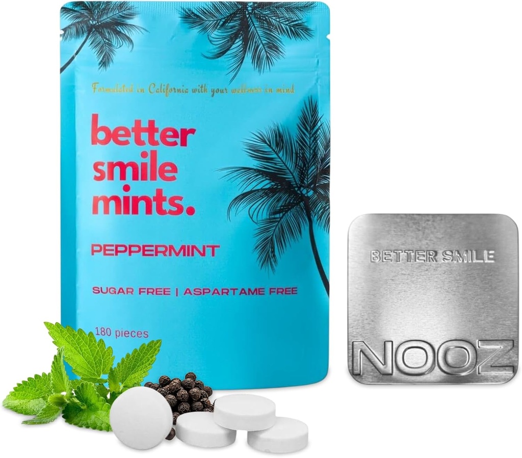 NOOZ Better Smile Mints - 180 hrabě 124; Oral Health & Fresh Breath Support PHY124; Gum & Teeth Care, pH Balance 124; Sugar- Free, Aspartame- Free PHY124; Peppermint Flavor PHY124; Obsahuje Premium Refillable Tin