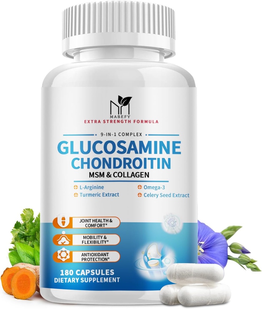 Glucosamine Chondroitin MSM Kapsle, Glucosamine 1500mg s kolagenem, kurkuma, Společné doplňky pro muže, 180 Kapsle