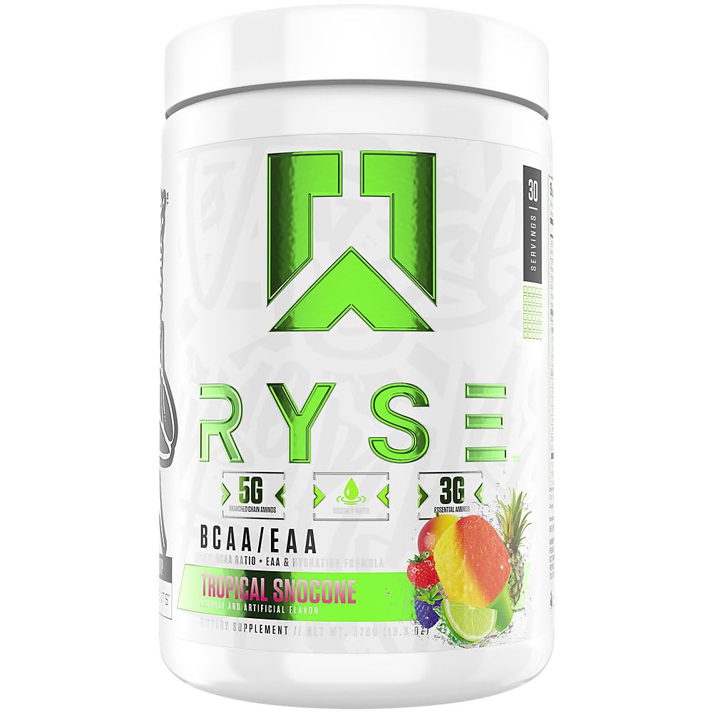RYSE BCAA EAA Powder - Tropical Snocone - 5g Aminokyseliny s rozvětveným řetězcem, 3g Esenciální aminos, Sugar- Free Electrolytes for Muscle Recovery, Endurance, Hydratace a síla - 30 Služeb