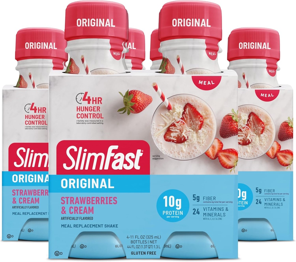 SlimFast Meal Náhradní Shake, Původní Jahody & Cream, 10g připraveného k pití protein pro hubnutí, 11 Fl. Oz láhev, 4 Počet (balení 3) (Balení května Vary)