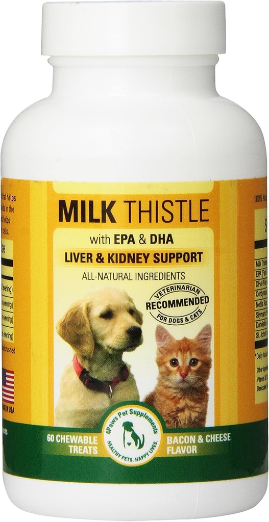 Mléko Thistle játra & ledviny dodatek pro psy a kočky s DHA, EPA, Silymarin, a vitamin B (B1 B2 B6 B12) k prevenci onemocnění jater a ledvin - 60 Žvýkací procedury - Bacon Cheese Flavor
