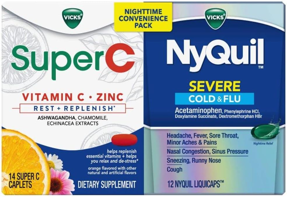 Vicks NyQuil a Super C Convenience Pack: NyQuil Těžká medicína pro Max síla studená a Flu Relief, Pohodlně balené s Vicks Super C Odpočinek a doplňovat denní dodatek, 26ct