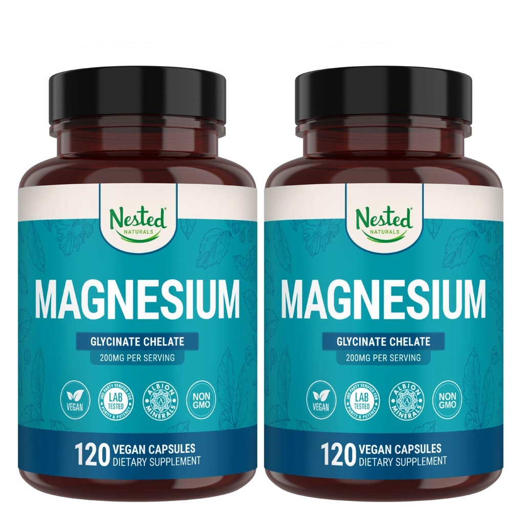 Nested Naturals Magnesium Glycinate Chelate - 200mg Čelatý doplněk hořčíku pro svalové křeče, relaxaci, podporu spánku - 100% Albion TRACCS Buffered Magnesium Glycinate - 240 Vegan Kapsle