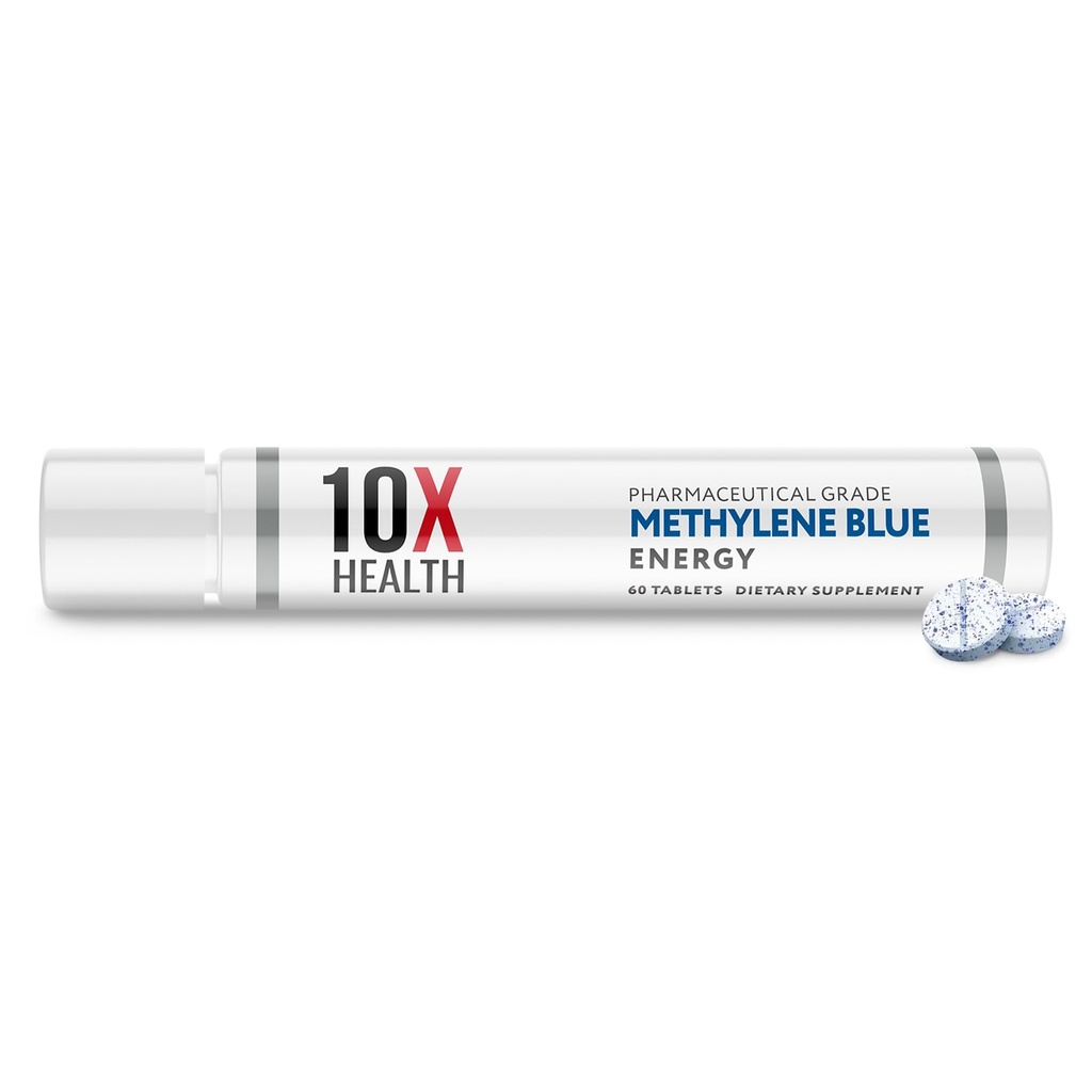 10X Health methylen Blue Supplement with Black Pepper Extract - 60 Tablet methylen Blue Pharmaceutical Grade Tablety - Podporuje energii, Focus & Cognition - Vegan, Non- GMO