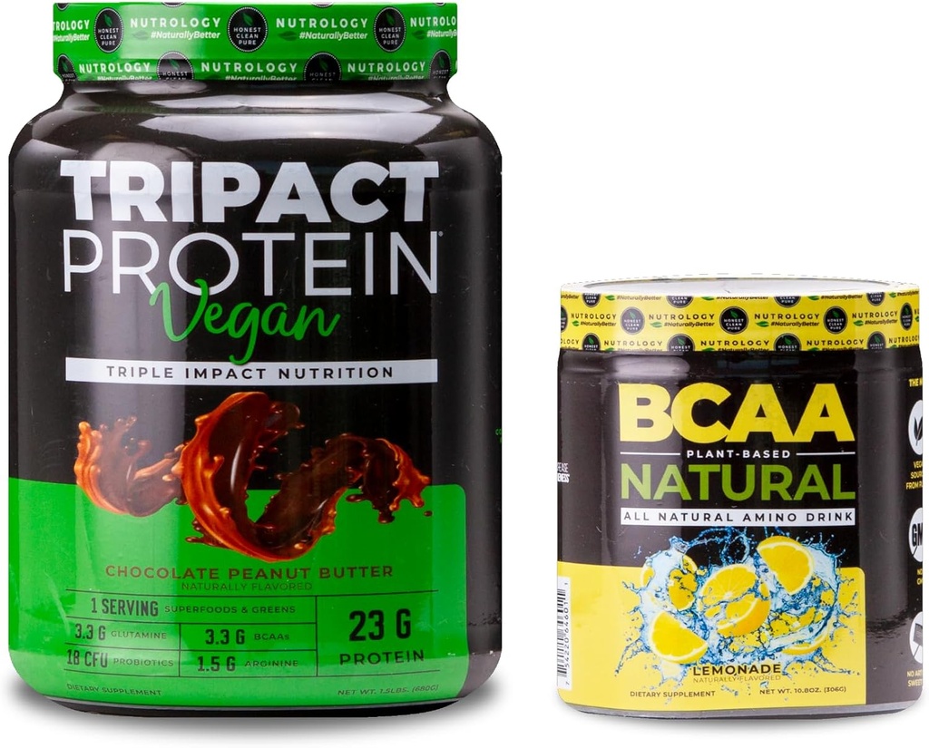Nutrology TRIPACT Vegan Protein Powder, for Vegan Protein Shake, Chocolate Butters (20 Servings) BCAA Natural, Plant Based BCAA Powder, Lemonade Flavor (30 Servings)