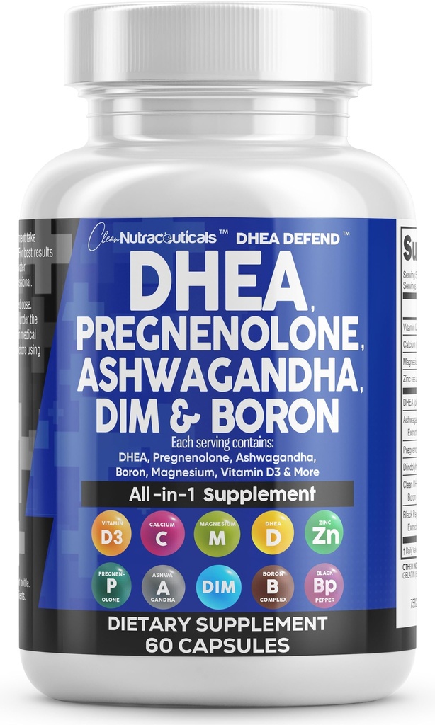 DHEA 200mg dodatek těhotenolon 100mg pro muže a ženy s DIM Ashwagandha Boron 6mg Komplexní vápník hořčík zinek 50mg Vitamin D3 5000 IU Hormon Support Kapsle pilulky vyrobený v USA 60 Počet