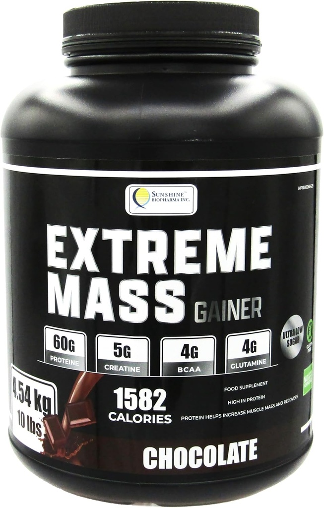 Extrémní hmotnost Gainer Muscle Builder, 10 liber (4.54 kg) s menším obsahem cukru pro intenzivní trénink cvičení vyrobené z vysoce kalorické tvrzené syrovátky protein (čokoláda)