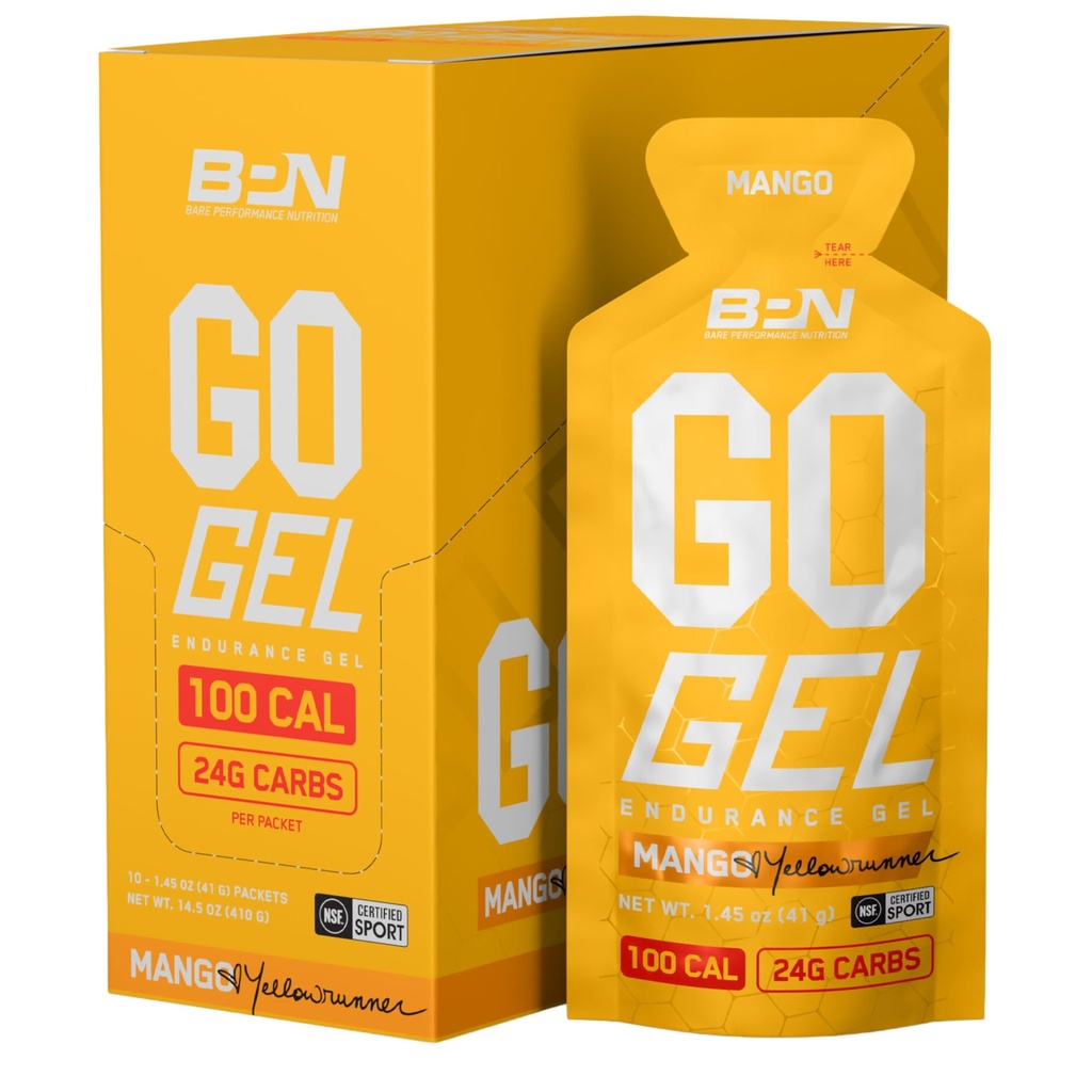 BARE VÝKONNOST VÝPOČET, BPN Go Gel Endurance, 24g karbohydrátů a 100 kalorií na balení, Vegan + gluten Free running gel, 10 Single-Serving Packs, Mango